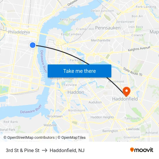 3rd St & Pine St to Haddonfield, NJ map