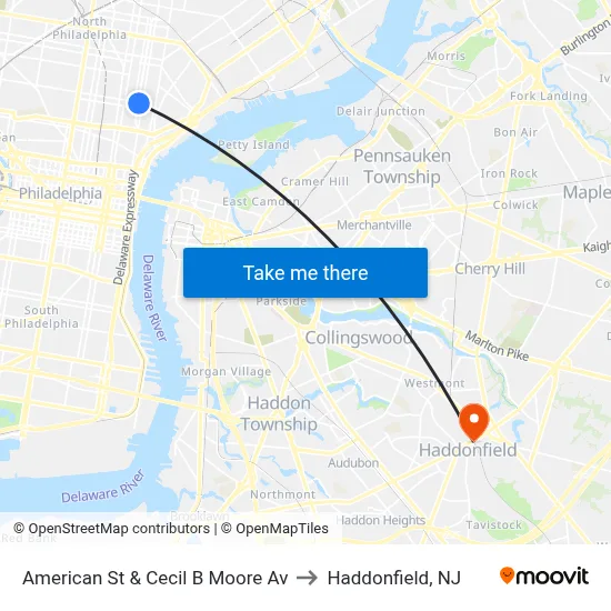 American St & Cecil B Moore Av to Haddonfield, NJ map