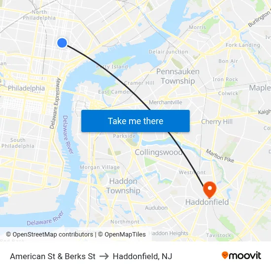 American St & Berks St to Haddonfield, NJ map