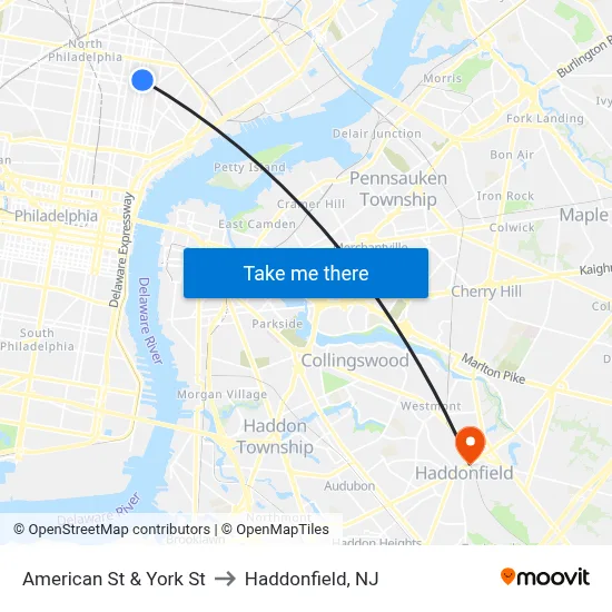 American St & York St to Haddonfield, NJ map