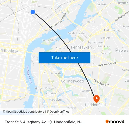 Front St & Allegheny Av to Haddonfield, NJ map