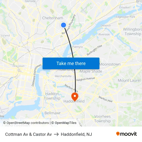 Cottman Av & Castor Av to Haddonfield, NJ map
