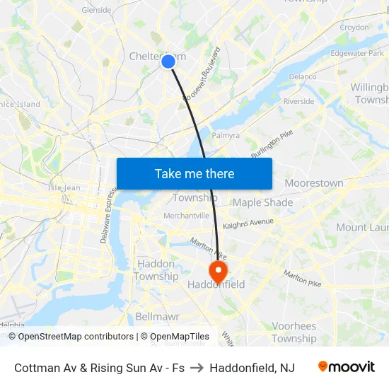 Cottman Av & Rising Sun Av - Fs to Haddonfield, NJ map