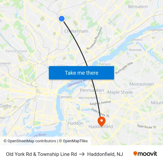Old York Rd & Township Line Rd to Haddonfield, NJ map
