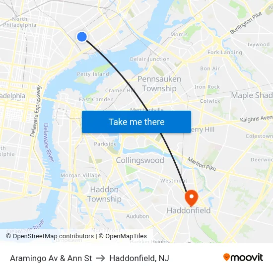 Aramingo Av & Ann St to Haddonfield, NJ map