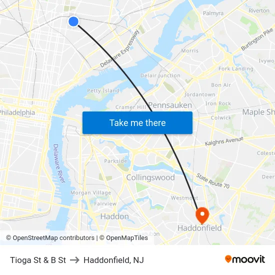 Tioga St & B St to Haddonfield, NJ map