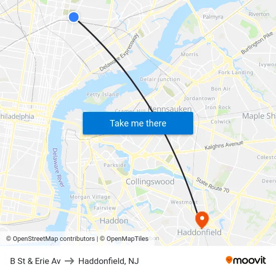 B St & Erie Av to Haddonfield, NJ map