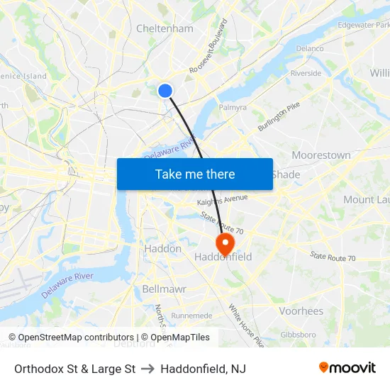 Orthodox St & Large St to Haddonfield, NJ map