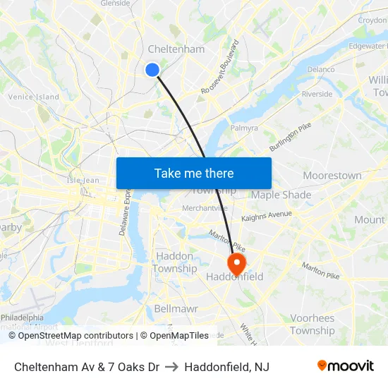 Cheltenham Av & 7 Oaks Dr to Haddonfield, NJ map