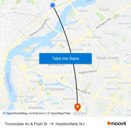 Torresdale Av & Pratt St to Haddonfield, NJ map