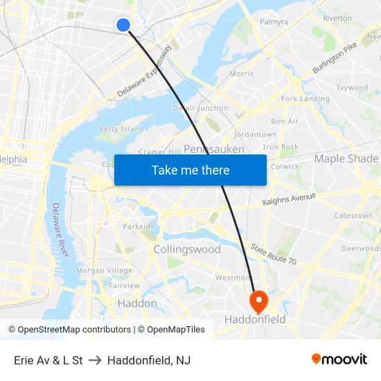 Erie Av & L St to Haddonfield, NJ map