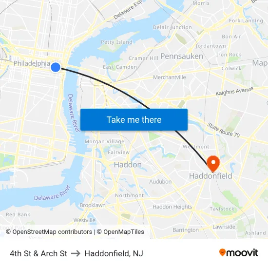 4th St & Arch St to Haddonfield, NJ map
