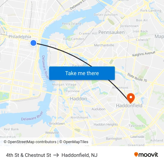 4th St & Chestnut St to Haddonfield, NJ map