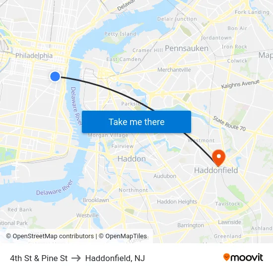 4th St & Pine St to Haddonfield, NJ map