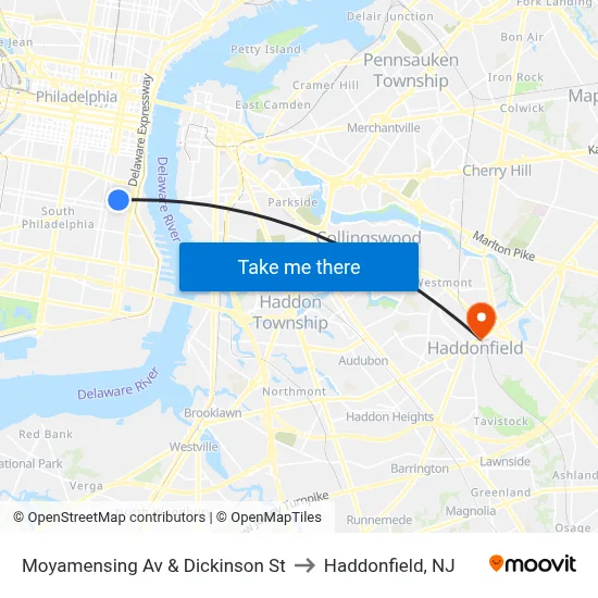 Moyamensing Av & Dickinson St to Haddonfield, NJ map
