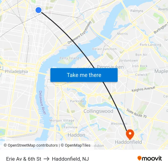 Erie Av & 6th St to Haddonfield, NJ map