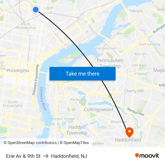 Erie Av & 9th St to Haddonfield, NJ map