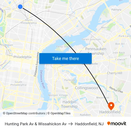 Hunting Park Av & Wissahickon Av to Haddonfield, NJ map
