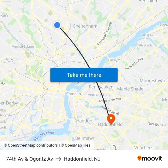 74th Av & Ogontz Av to Haddonfield, NJ map
