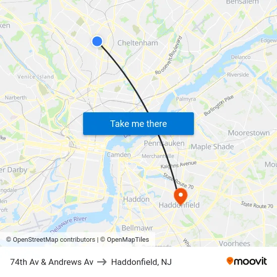 74th Av & Andrews Av to Haddonfield, NJ map