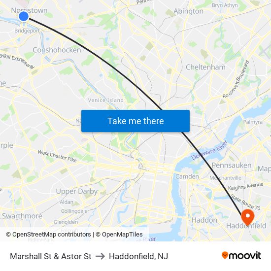 Marshall St & Astor St to Haddonfield, NJ map