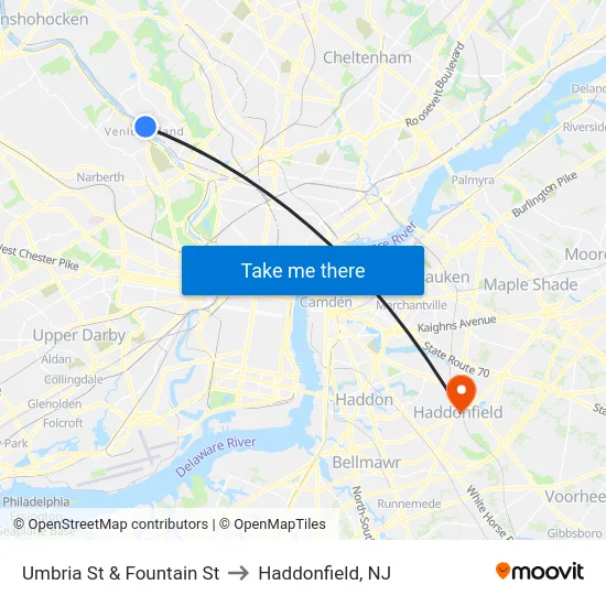 Umbria St & Fountain St to Haddonfield, NJ map