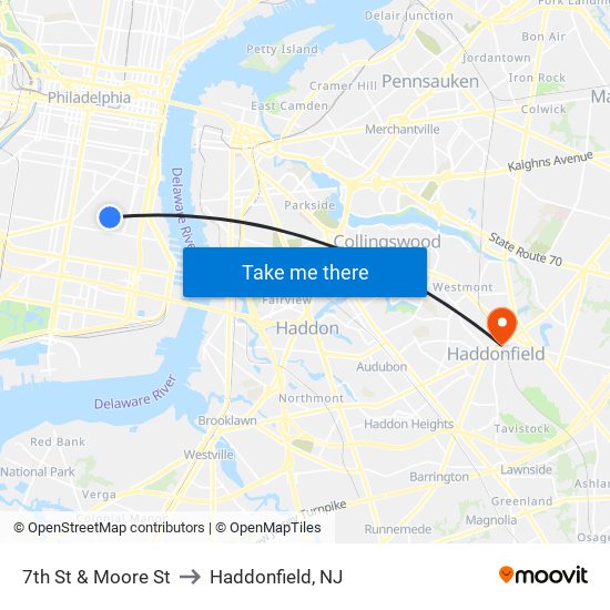 7th St & Moore St to Haddonfield, NJ map