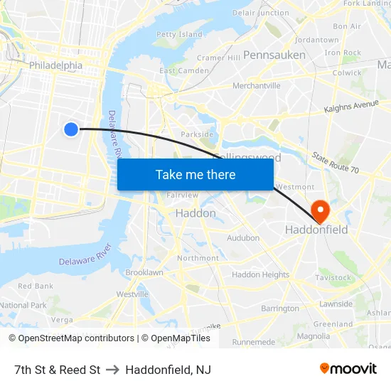 7th St & Reed St to Haddonfield, NJ map