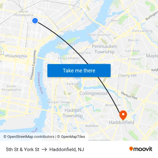 5th St & York St to Haddonfield, NJ map