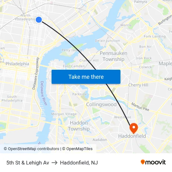 5th St & Lehigh Av to Haddonfield, NJ map