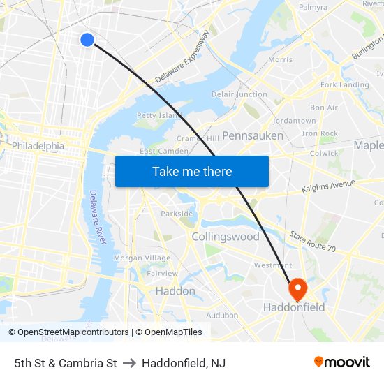 5th St & Cambria St to Haddonfield, NJ map