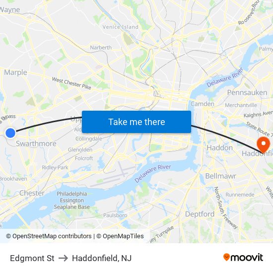 Edgmont St to Haddonfield, NJ map