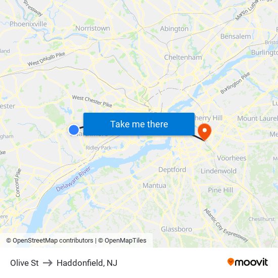 Olive St to Haddonfield, NJ map