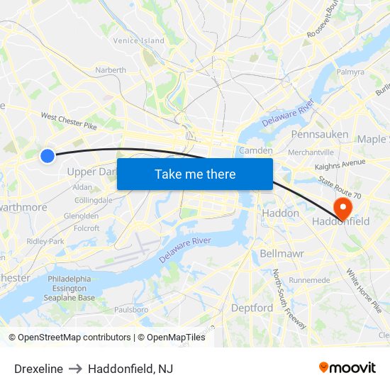 Drexeline to Haddonfield, NJ map
