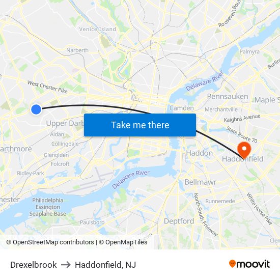 Drexelbrook to Haddonfield, NJ map