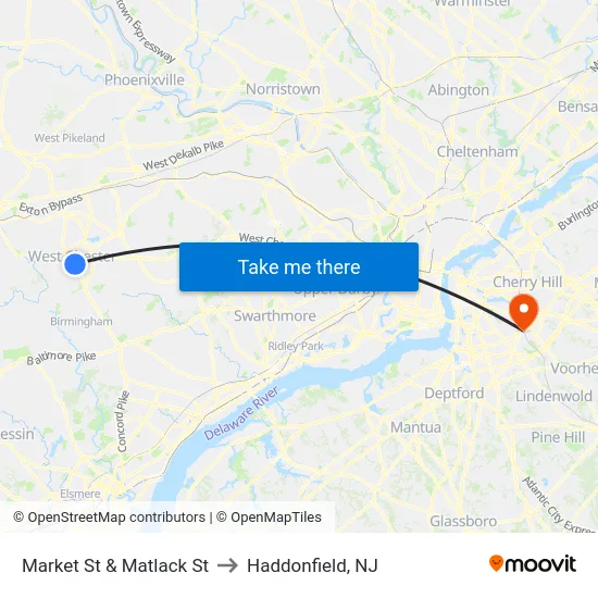 Market St & Matlack St to Haddonfield, NJ map
