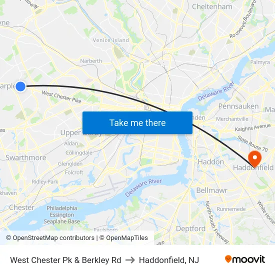 West Chester Pk & Berkley Rd to Haddonfield, NJ map