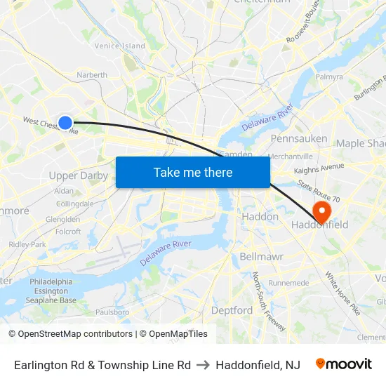 Earlington Rd & Township Line Rd to Haddonfield, NJ map