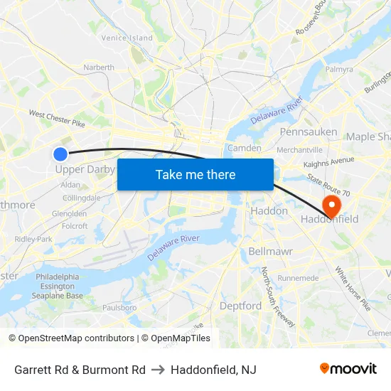 Garrett Rd & Burmont Rd to Haddonfield, NJ map