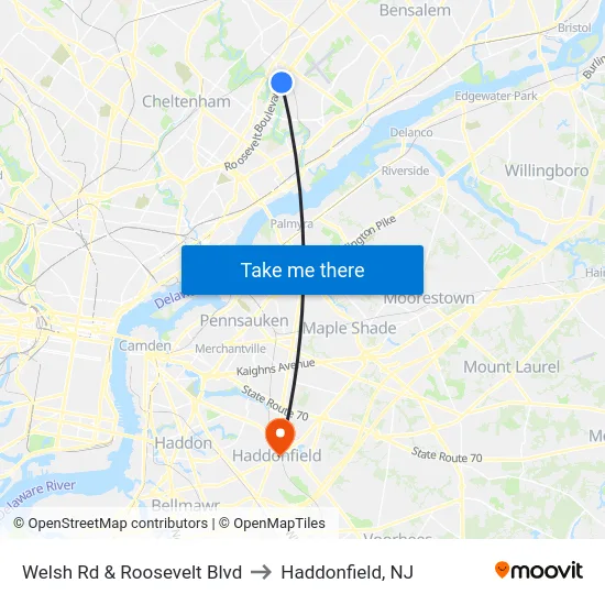 Welsh Rd & Roosevelt Blvd to Haddonfield, NJ map