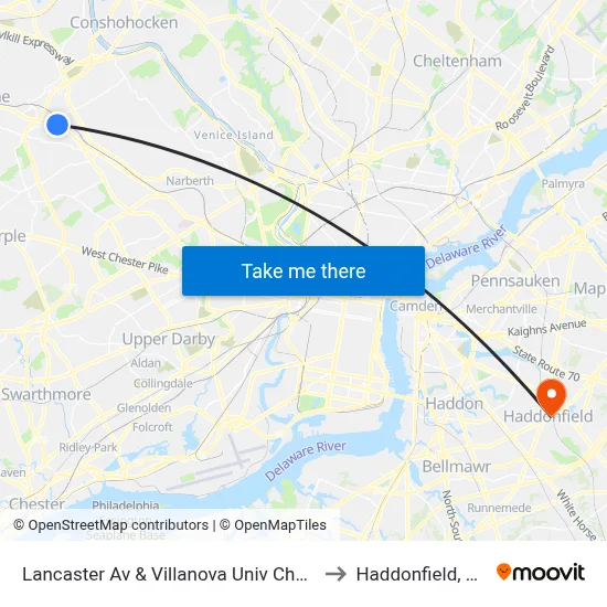 Lancaster Av & Villanova Univ Chapl to Haddonfield, NJ map