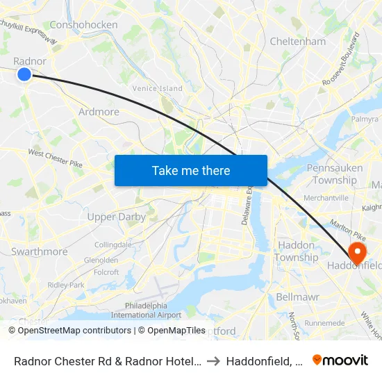 Radnor Chester Rd & Radnor Hotel Dr to Haddonfield, NJ map