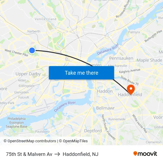 75th St & Malvern Av to Haddonfield, NJ map