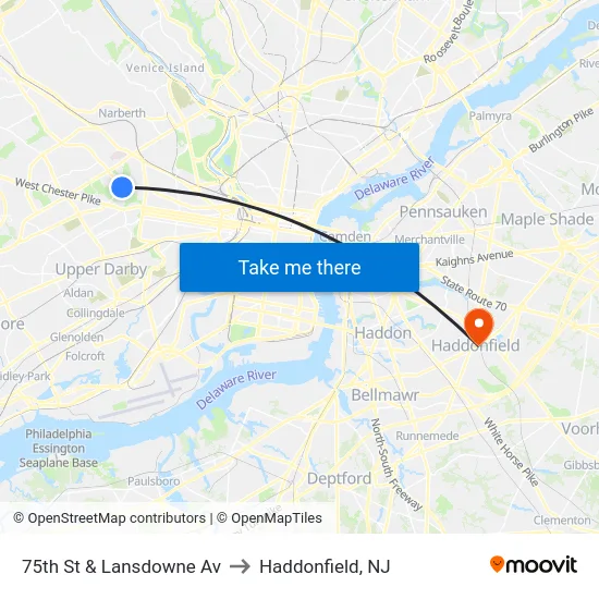 75th St & Lansdowne Av to Haddonfield, NJ map