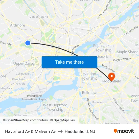 Haverford Av & Malvern Av to Haddonfield, NJ map