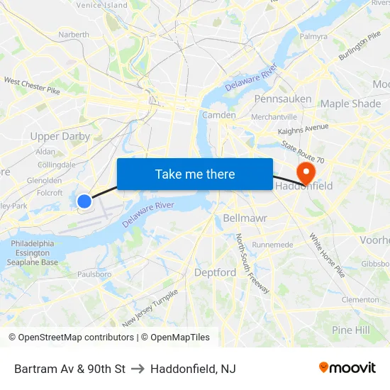 Bartram Av & 90th St to Haddonfield, NJ map