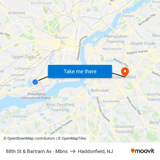 88th St & Bartram Av - Mbns to Haddonfield, NJ map