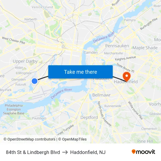 84th St & Lindbergh Blvd to Haddonfield, NJ map