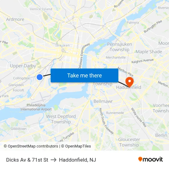Dicks Av & 71st St to Haddonfield, NJ map