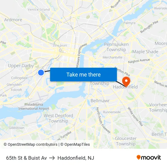 65th St & Buist Av to Haddonfield, NJ map